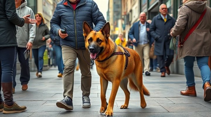 A service dog and handler navigating a busy public space