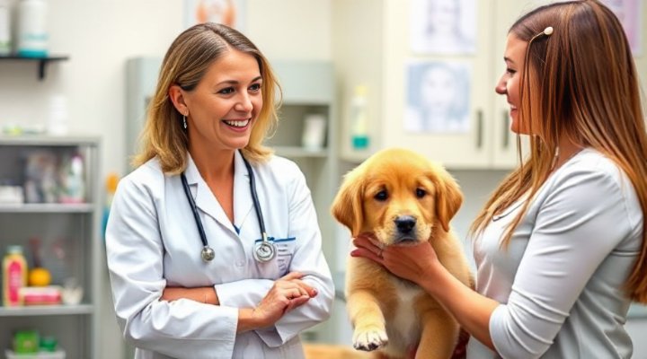 A kind veterinarian discussing puppy nutrition with a pet owner