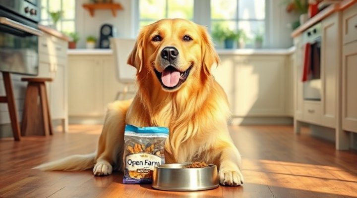 Golden retriever enjoying Open Farm dog food