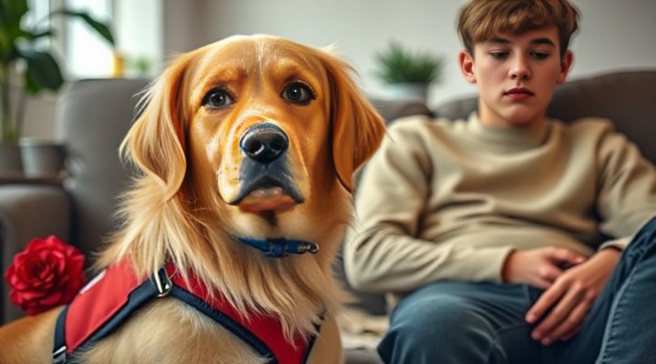 A golden retriever service dog sitting calmly next to a person with anxiety