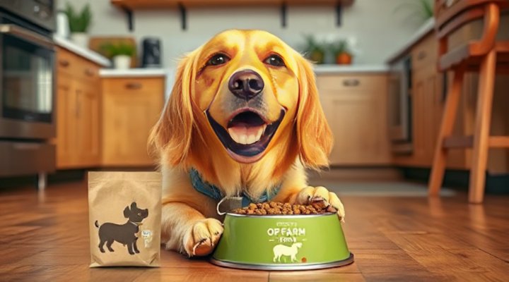 A happy golden retriever enjoying a bowl of Open Farm dog food