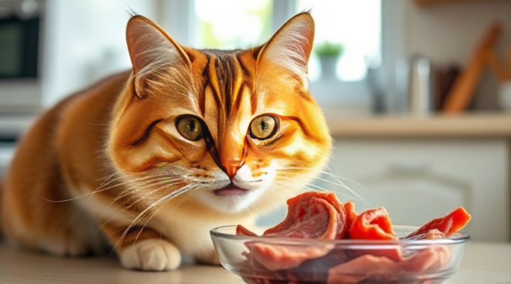 A happy cat eating raw food