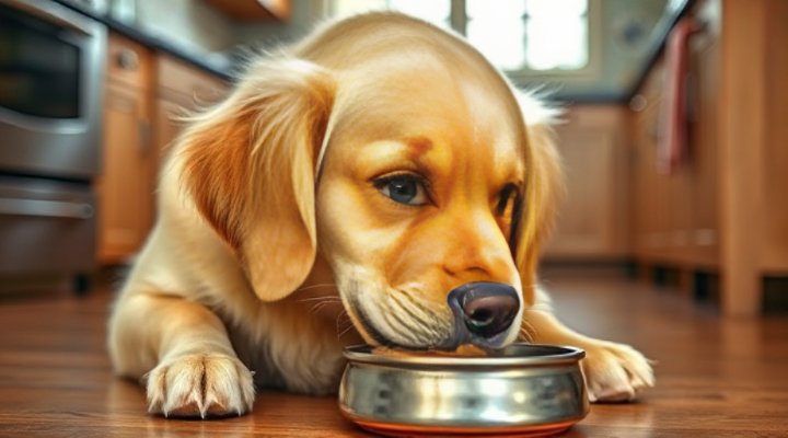 A happy golden retriever enjoying a bowl of wet dog food
