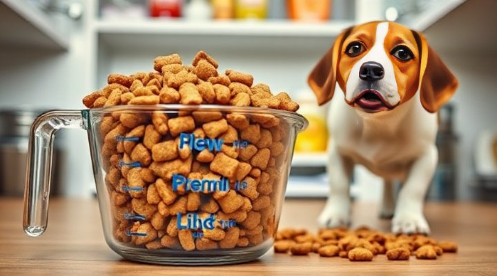 Dry dog food kibble in a measuring cup