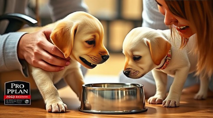 A loving owner feeding Pro Plan dog food to a puppy