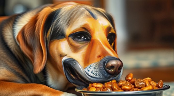 An elderly dog happily eating wet food
