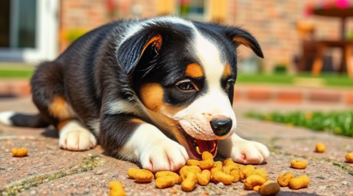 A puppy crunching on dry kibble