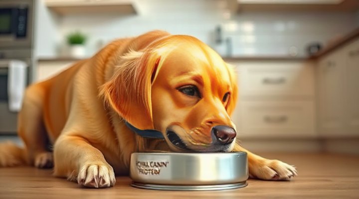 A happy golden retriever enjoying Royal Canin Hydrolyzed Protein dog food