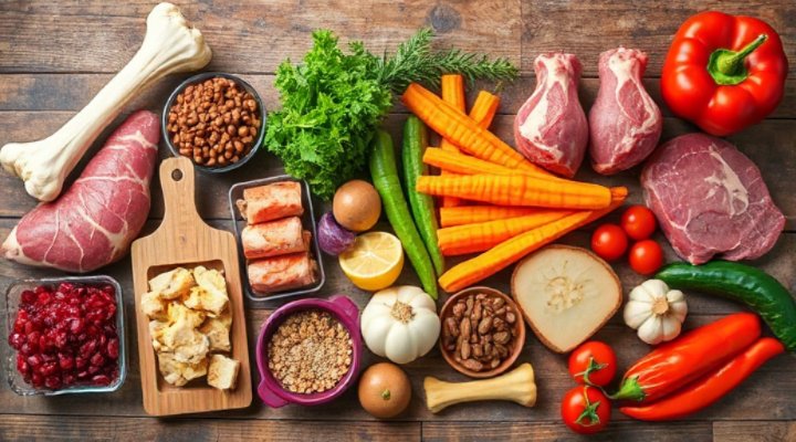 Assortment of raw food ingredients for dogs including meat, bones, and vegetables
