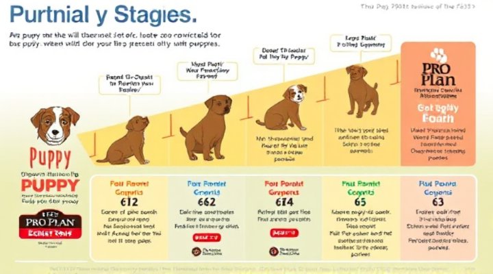 Illustration of puppy growth stages with Pro Plan dog food