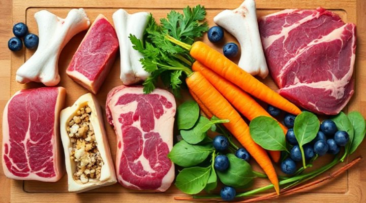 Assortment of fresh raw ingredients for dog food including meat, bones, and vegetables