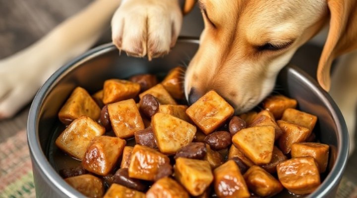 Close-up of wet dog food showing its texture and moisture