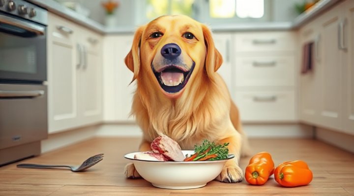 A happy golden retriever enjoying a bowl of raw meat and vegetables