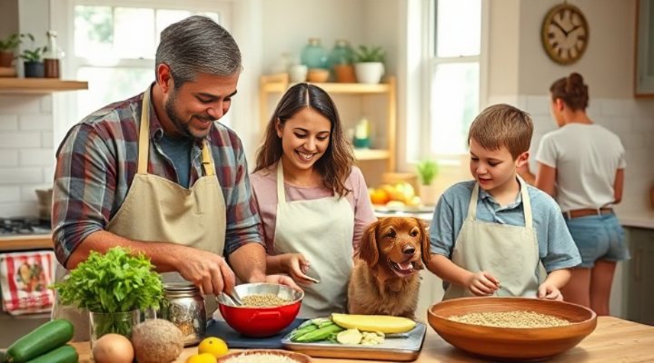 A loving family preparing homemade human-grade dog food together