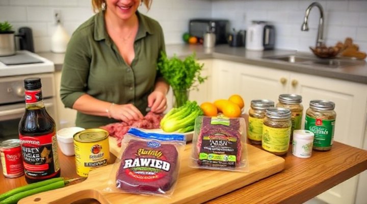 A person preparing raw dog food with fresh ingredients