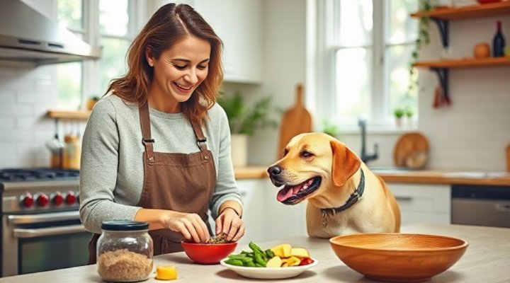 A caring woman preparing a raw food meal for her dog in the kitchen