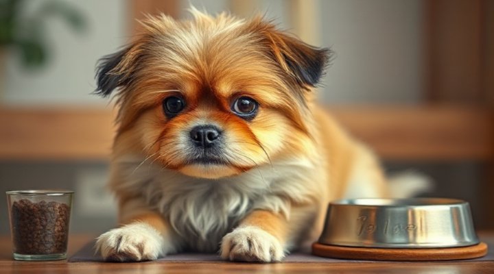 A cute dog with a sad expression, sitting next to a bowl of food