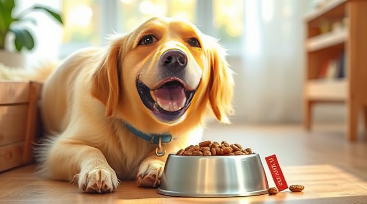 A happy dog eating from a bowl of hypoallergenic food