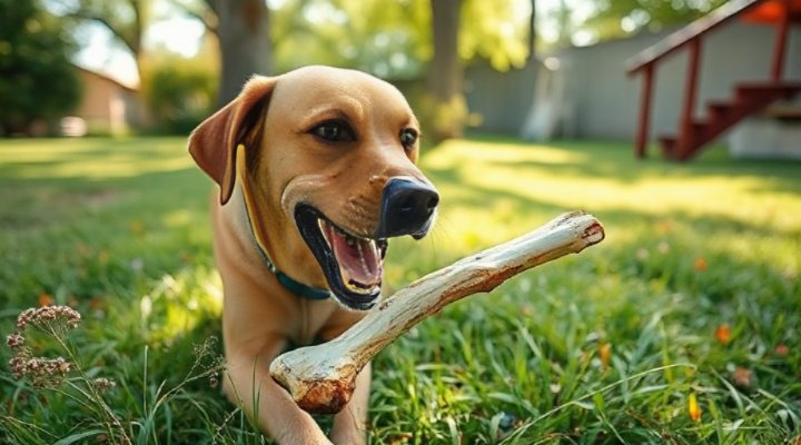 A content dog chewing on a raw bone for dental health
