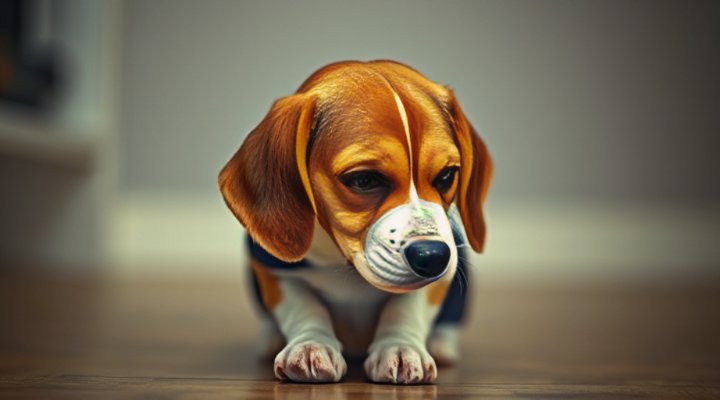 A sad-looking dog showing signs of stomach sensitivity
