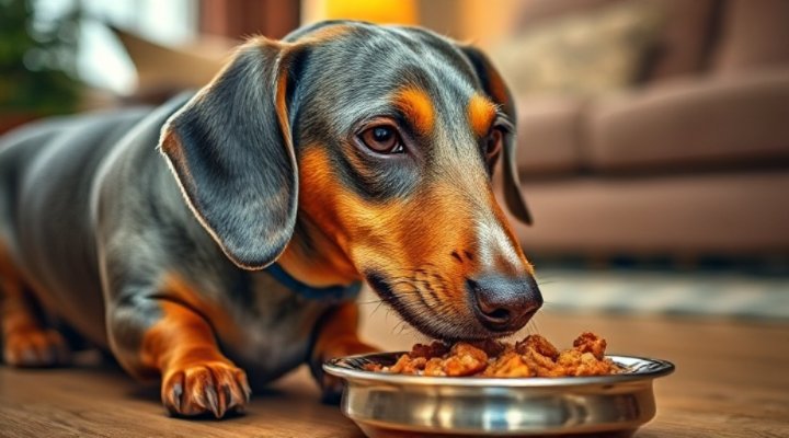 A senior dog happily eating wet food
