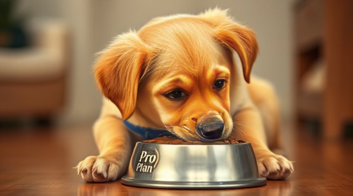 A cute golden retriever puppy enjoying a bowl of Pro Plan dog food
