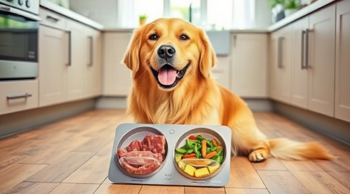 A happy golden retriever enjoying a raw diet meal