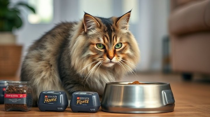 A happy indoor cat eating Purina cat food