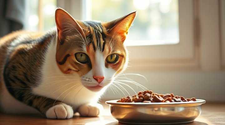 Senior cat enjoying Purina senior formula