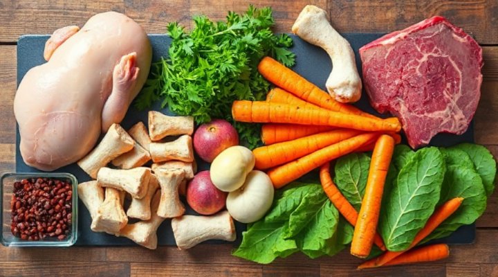 Assortment of raw meat, bones, and vegetables for a balanced dog diet