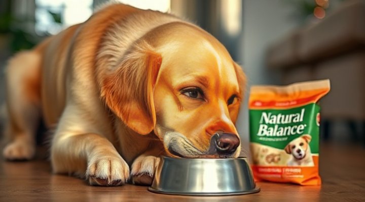 Golden retriever enjoying Natural Balance dog food