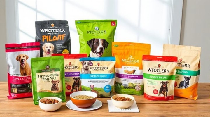 Various hypoallergenic dog food brands displayed on a table