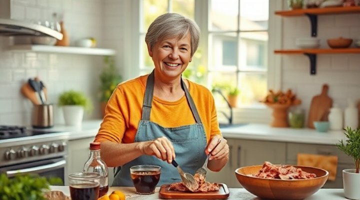 A caring owner preparing raw dog food in the kitchen with fresh ingredients