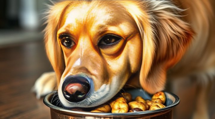 An older but healthy looking dog enjoying raw food