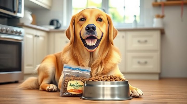 A happy golden retriever enjoying a bowl of human-grade dog food