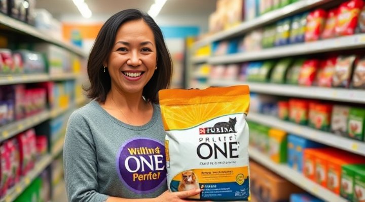 A cat owner selecting Purina ONE cat food at the store