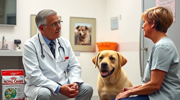A friendly veterinarian explaining the benefits of Royal Canin Hydrolyzed Protein to a dog owner