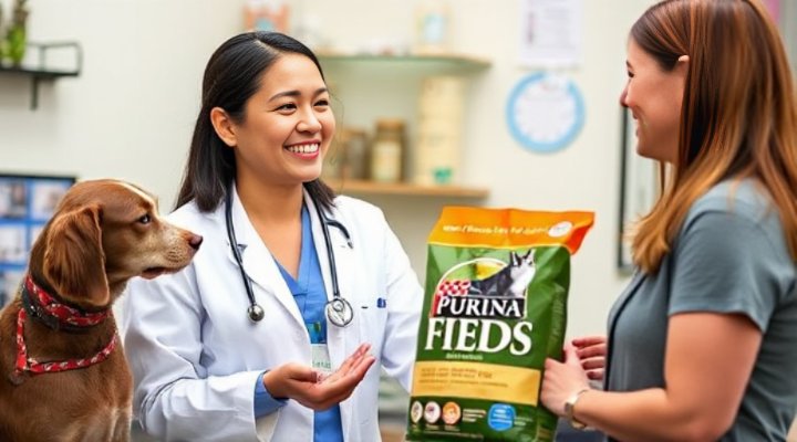Veterinarian discussing Purina cat food with pet owner