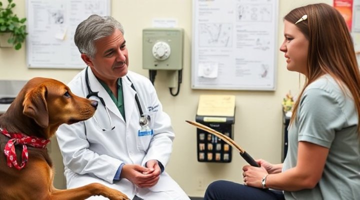 A veterinarian explaining raw food diet benefits to a dog owner