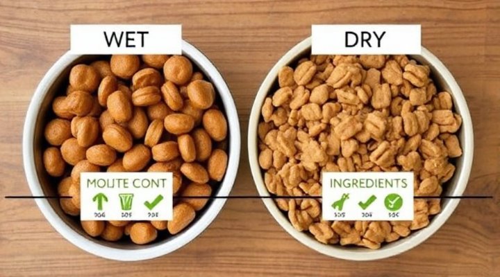 Side-by-side comparison of wet and dry dog food