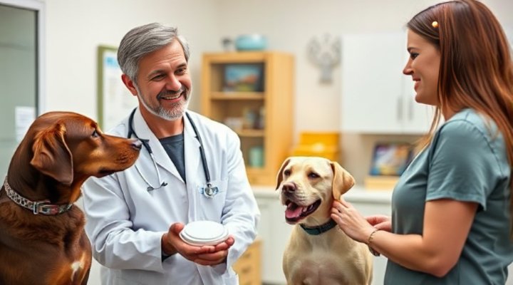 A friendly veterinarian discussing Natural Balance dog food with a pet owner