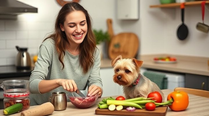 A caring woman preparing a raw food meal for her small dog
