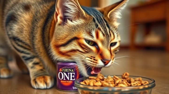 A cat enjoying a bowl of Purina ONE cat food