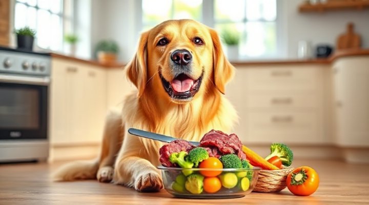 A golden retriever happily eating a bowl of raw meat and vegetables