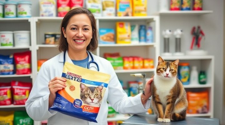 A veterinarian recommending Purina cat food for indoor cats