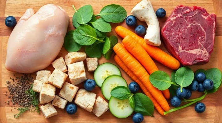 Assortment of raw meats, bones, and vegetables for a dog
