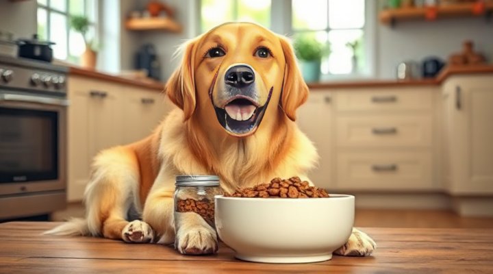 A happy golden retriever eating a bowl of human-grade dog food
