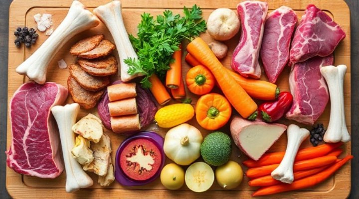 Assortment of raw meats, bones, and vegetables for a balanced dog diet