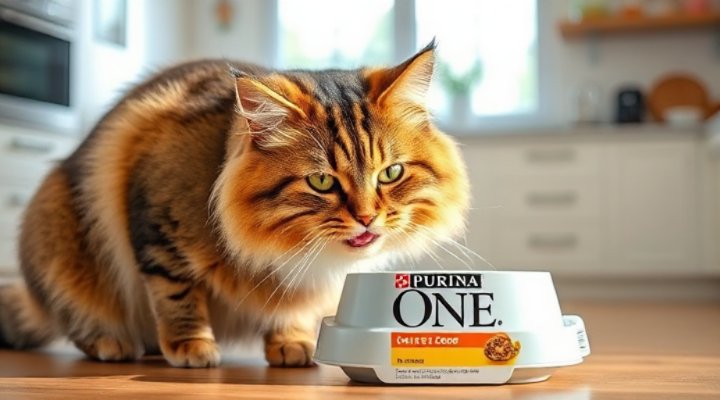 A happy cat enjoying Purina One Cat Food