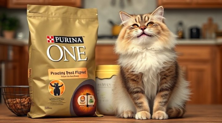 Purina ONE cat food packaging with a happy cat